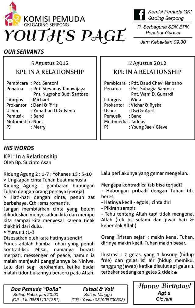 Youths Page Komisi Pemuda 5 dan 12 Agustus 2012
