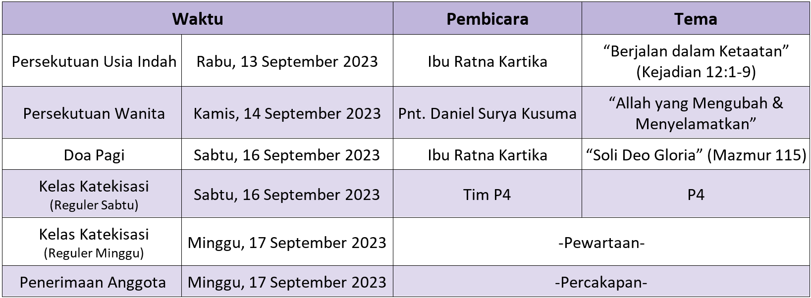 Jadwal Sepekan 10 Sept 2023