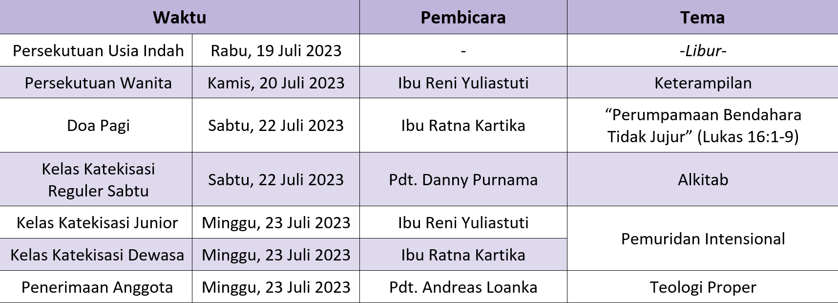 Jadwal Sepekan 16 Juli 2023