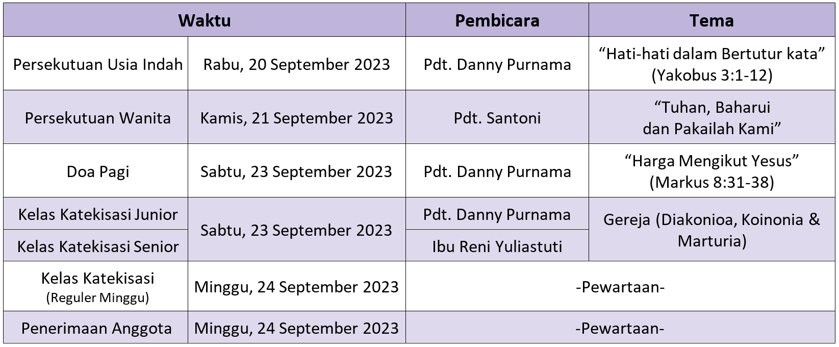 Jadwal Sepekan 17 Sept 2023