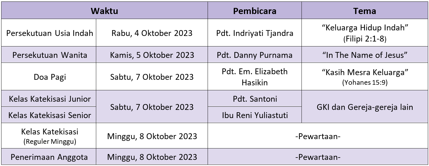 Jadwal Sepekan 1 Oktober 2023