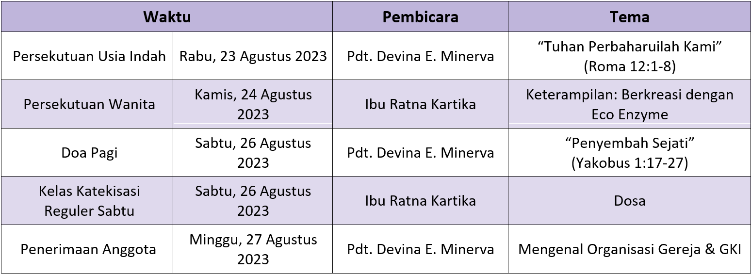 Jadwal Sepekan 20 Agustus 2023