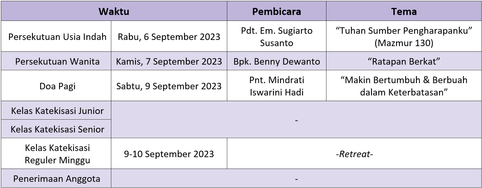 Jadwal Sepekan 3 Sept 2023